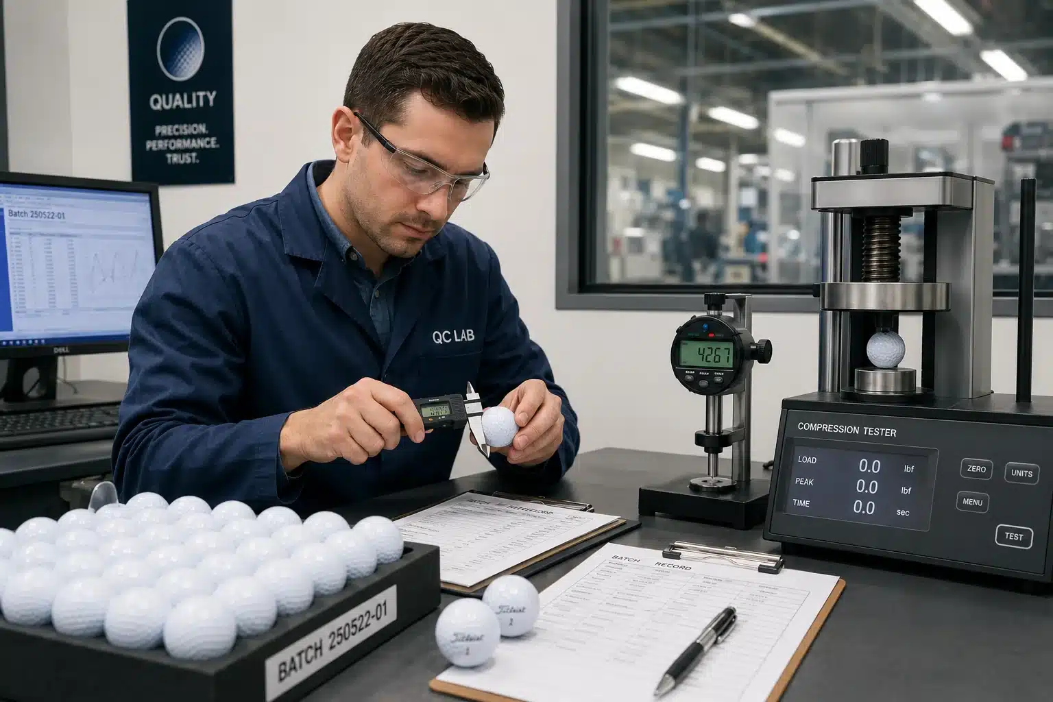 OEM golf balls QC OEM golf balls in QC lab for manufacturer quality control testing