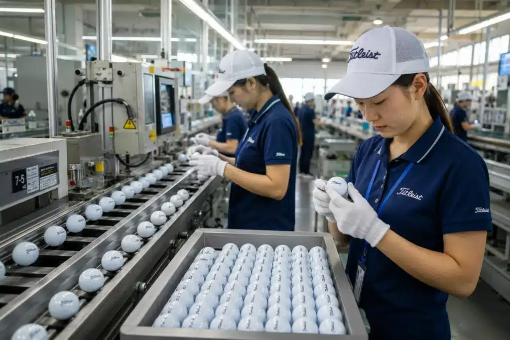 OEM golf balls on factory quality control line for manufacturer orders