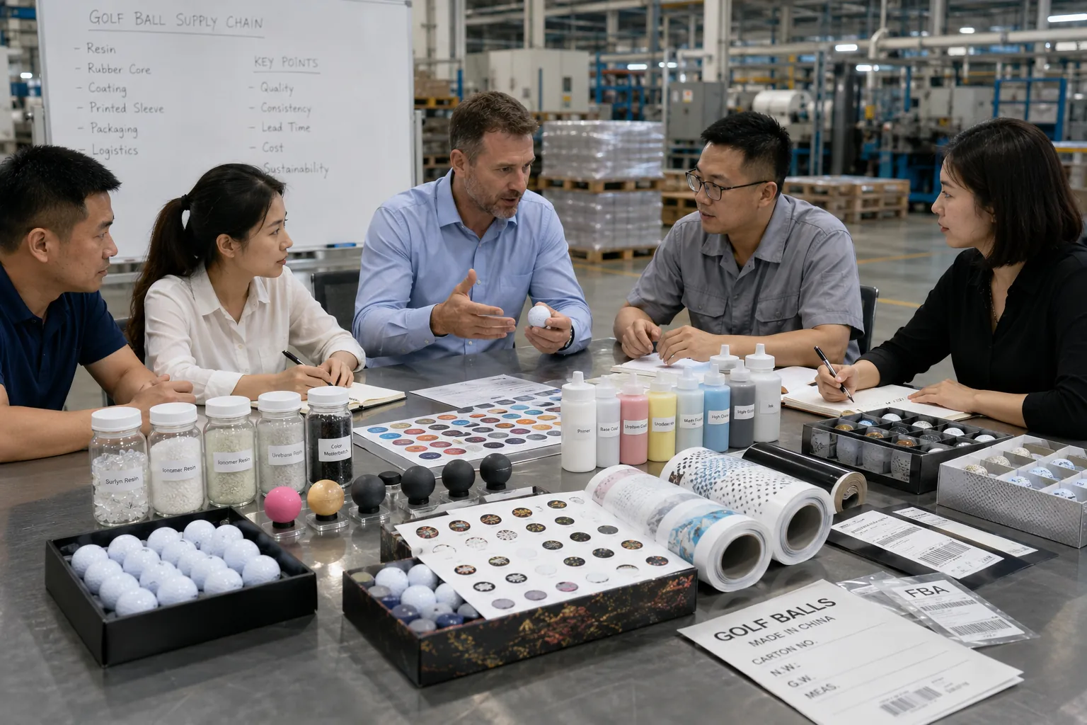 Custom OEM Golf Balls custom OEM golf balls in factory supply chain meeting with packaging samples