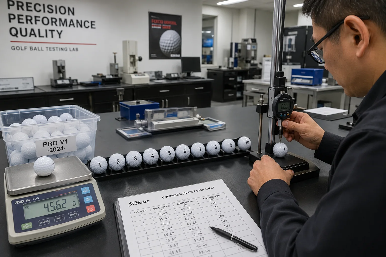 OEM Golf Balls QC OEM golf balls in testing lab for quality control manufacturer inspection