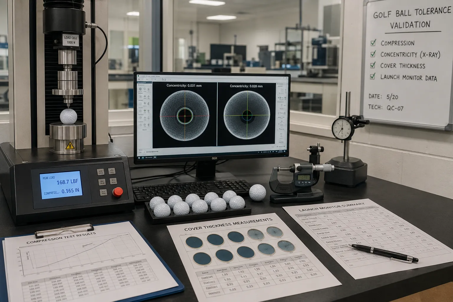 OEM Golf Balls Testing OEM golf balls in lab with tolerance validation quality control equipment