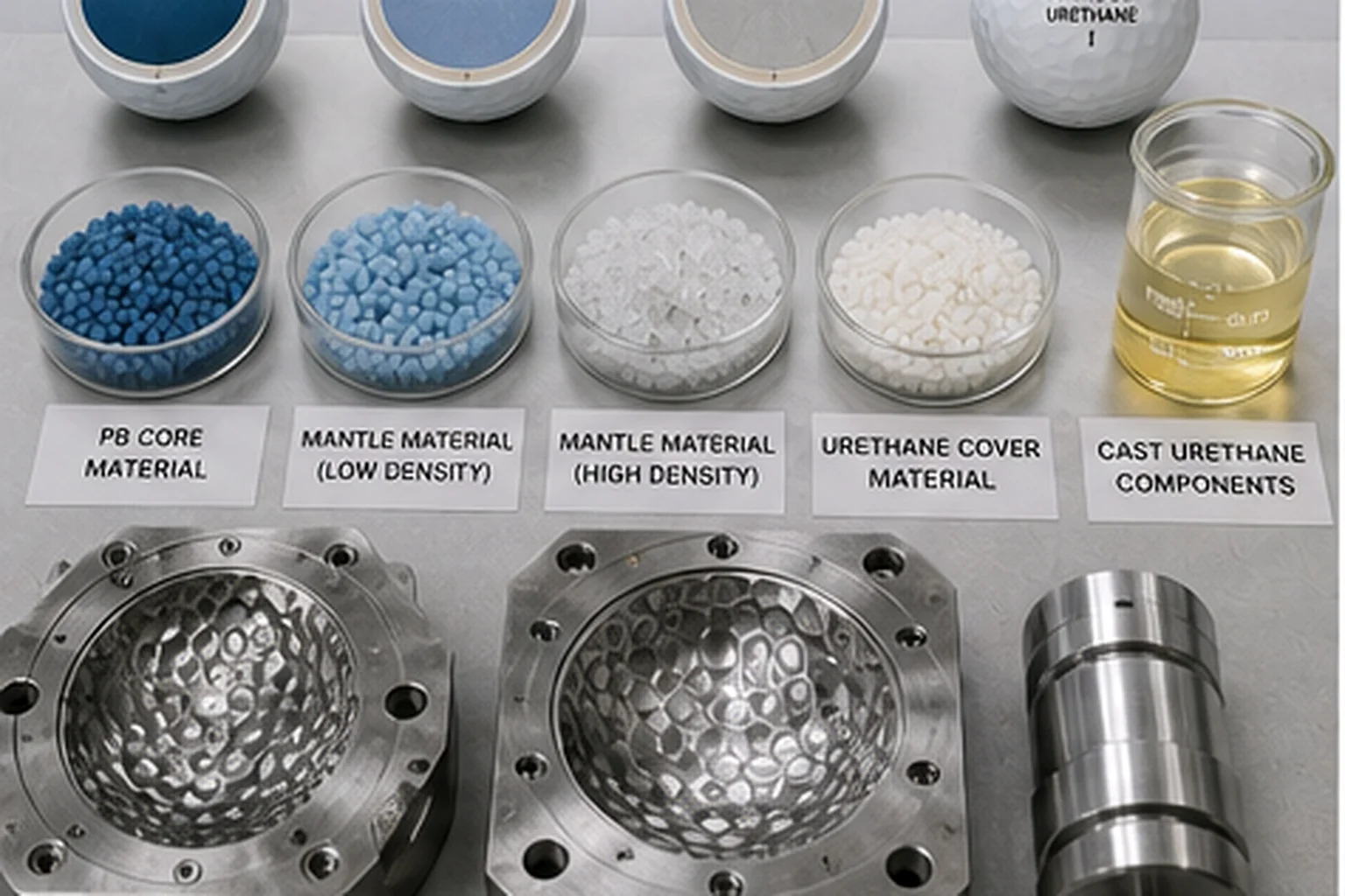 OEM Golf Balls Materials OEM golf balls material samples with mold tools for manufacturer quality control