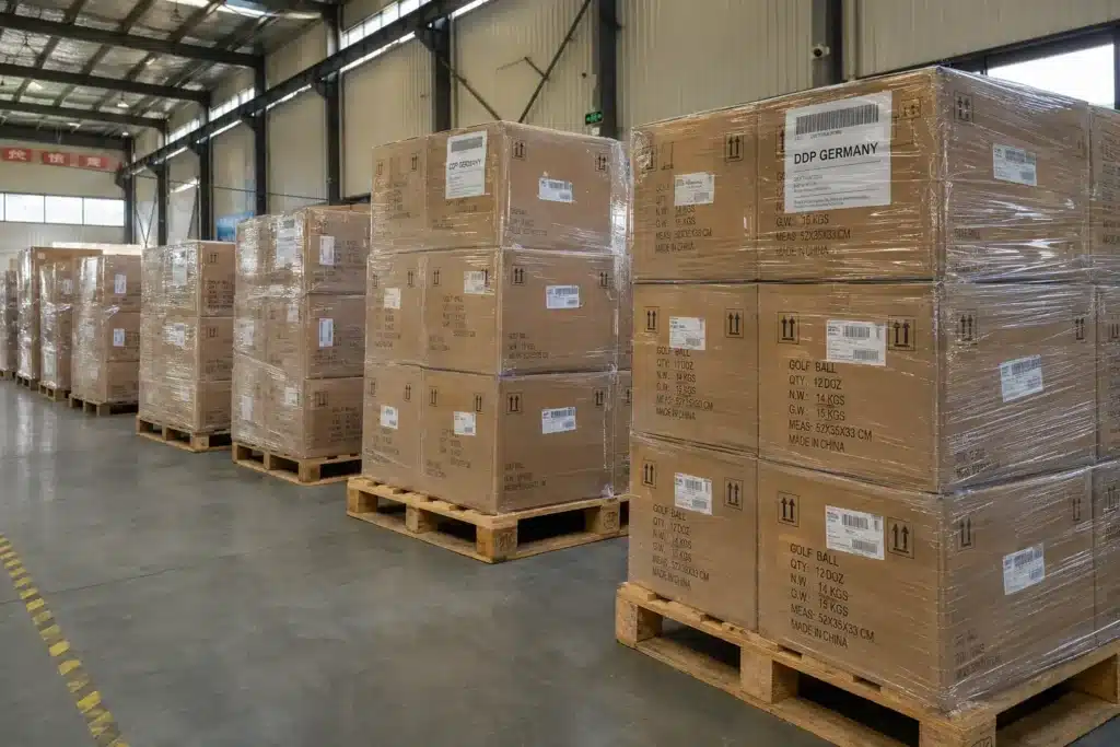 wholesale golf balls on warehouse pallets for bulk export shipping