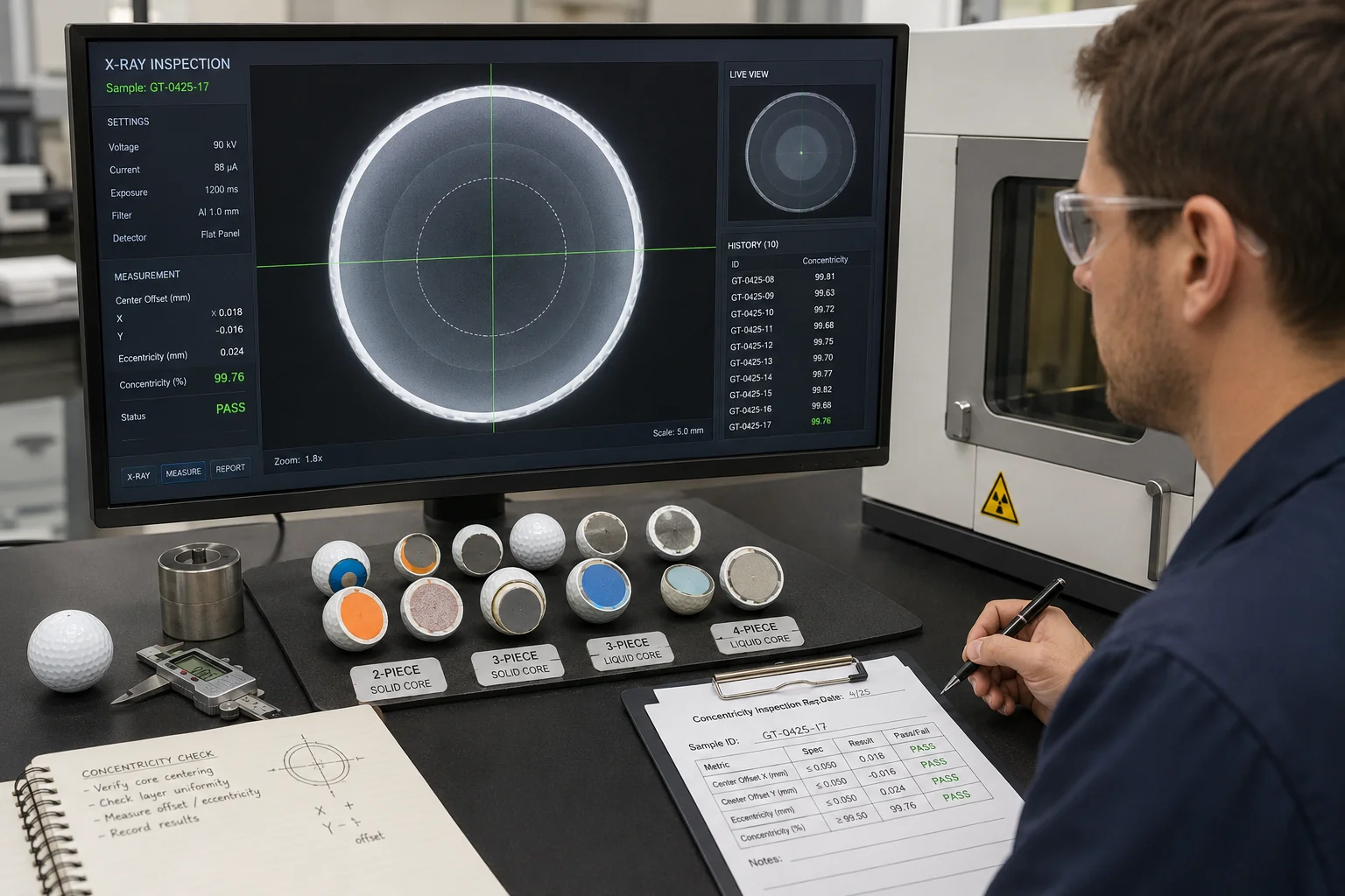 OEM Golf Balls Inspection OEM golf balls undergoing X-ray inspection in factory quality control lab