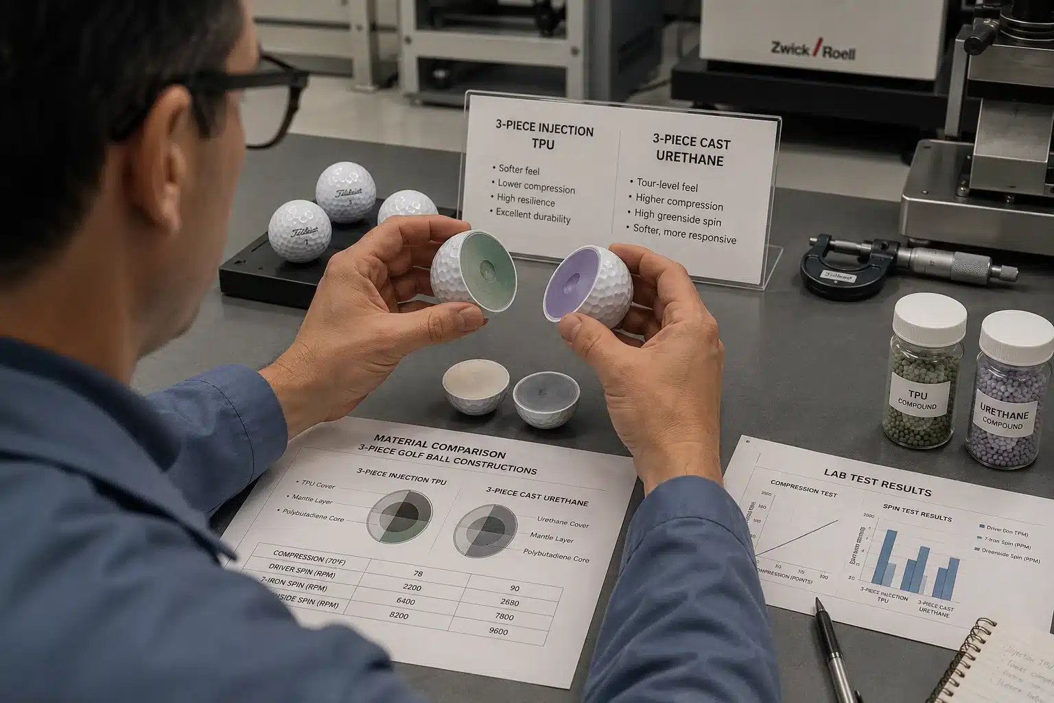 OEM golf ball comparison OEM golf ball constructions in lab comparison for manufacturer quality control