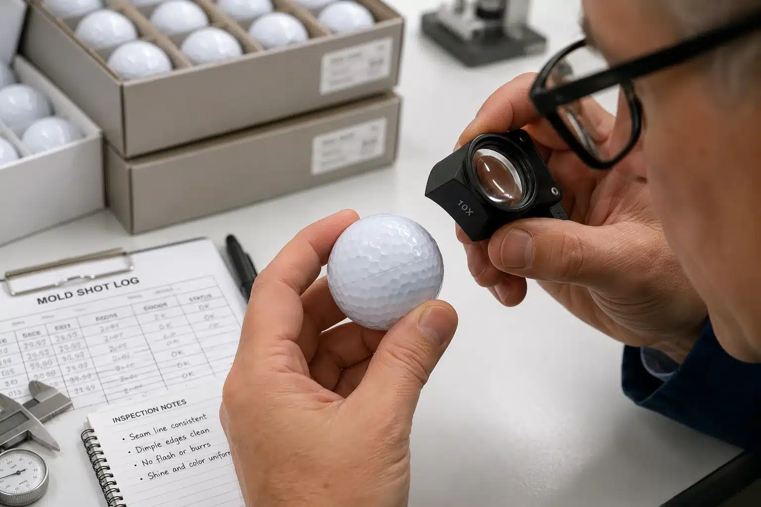 OEM golf ball inspection OEM golf ball seam inspected with magnifier in quality control lab