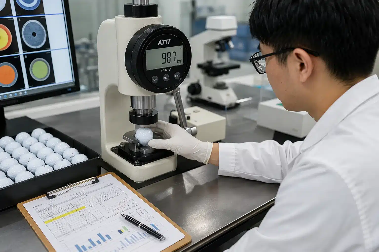 OEM golf balls testing OEM golf balls compression tested in factory lab for quality control