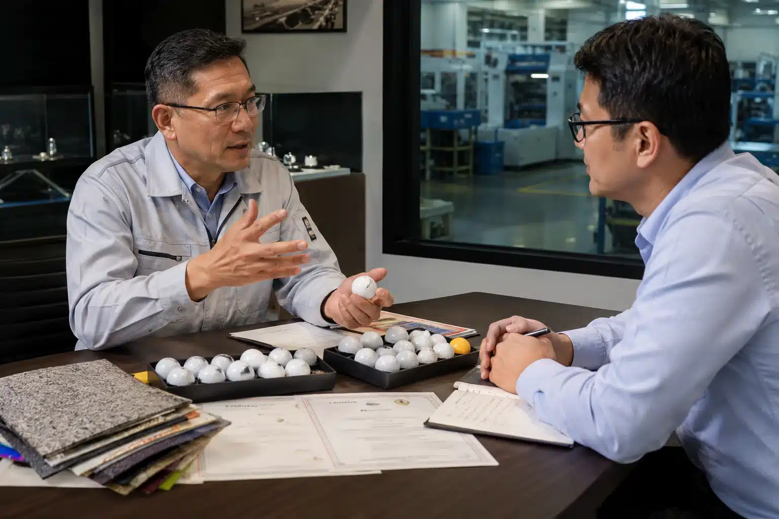 OEM golf balls factory OEM golf balls discussed in factory meeting for quality control