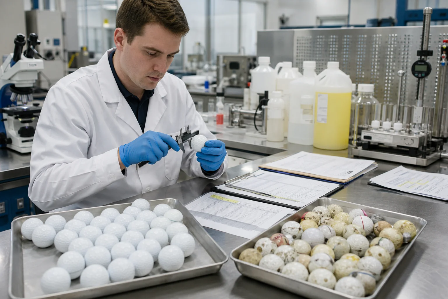 OEM golf balls testing OEM golf balls inspected with calipers in factory quality control lab