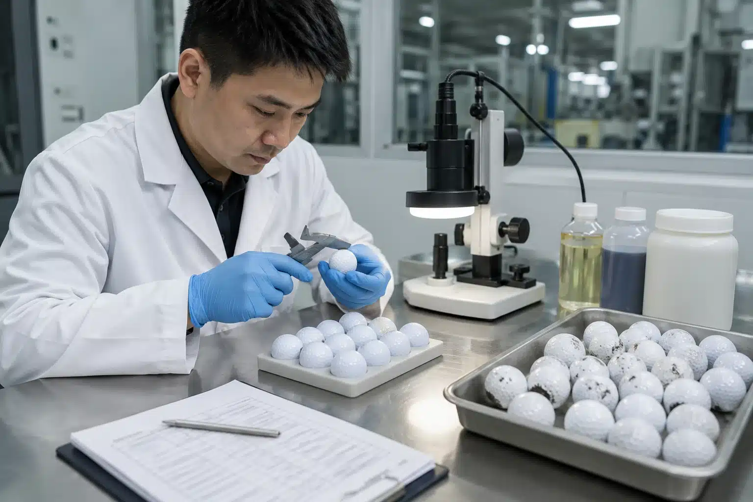OEM golf balls inspection OEM golf balls inspected in lab for manufacturer quality control