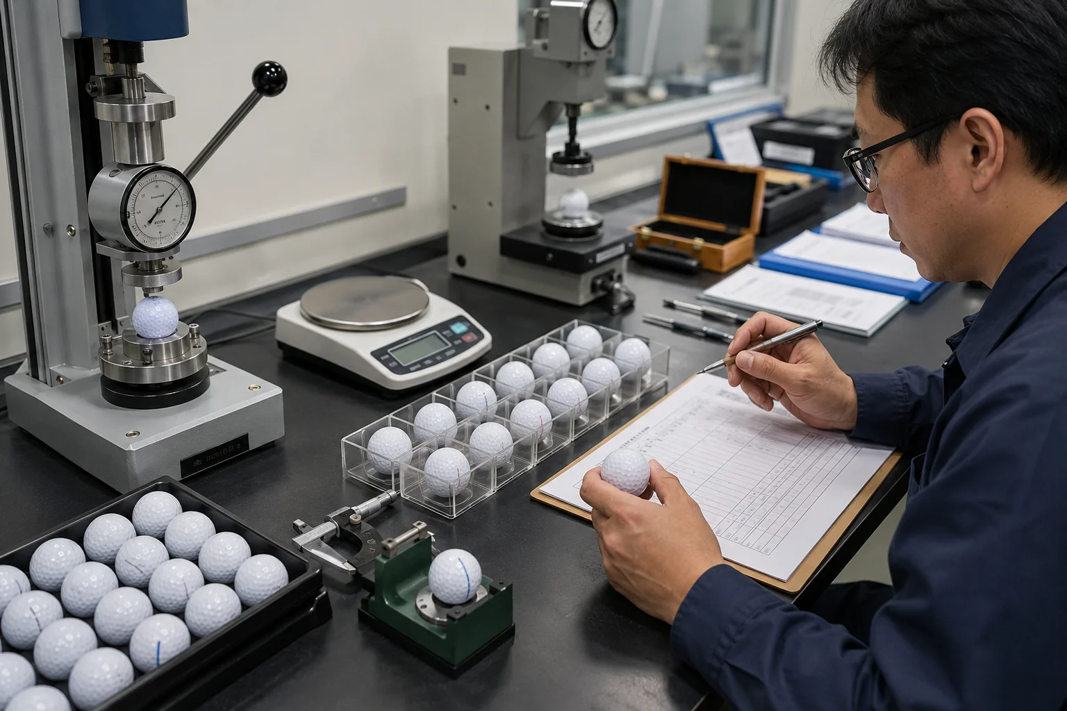 OEM golf balls QC OEM golf balls undergoing factory quality control testing in lab