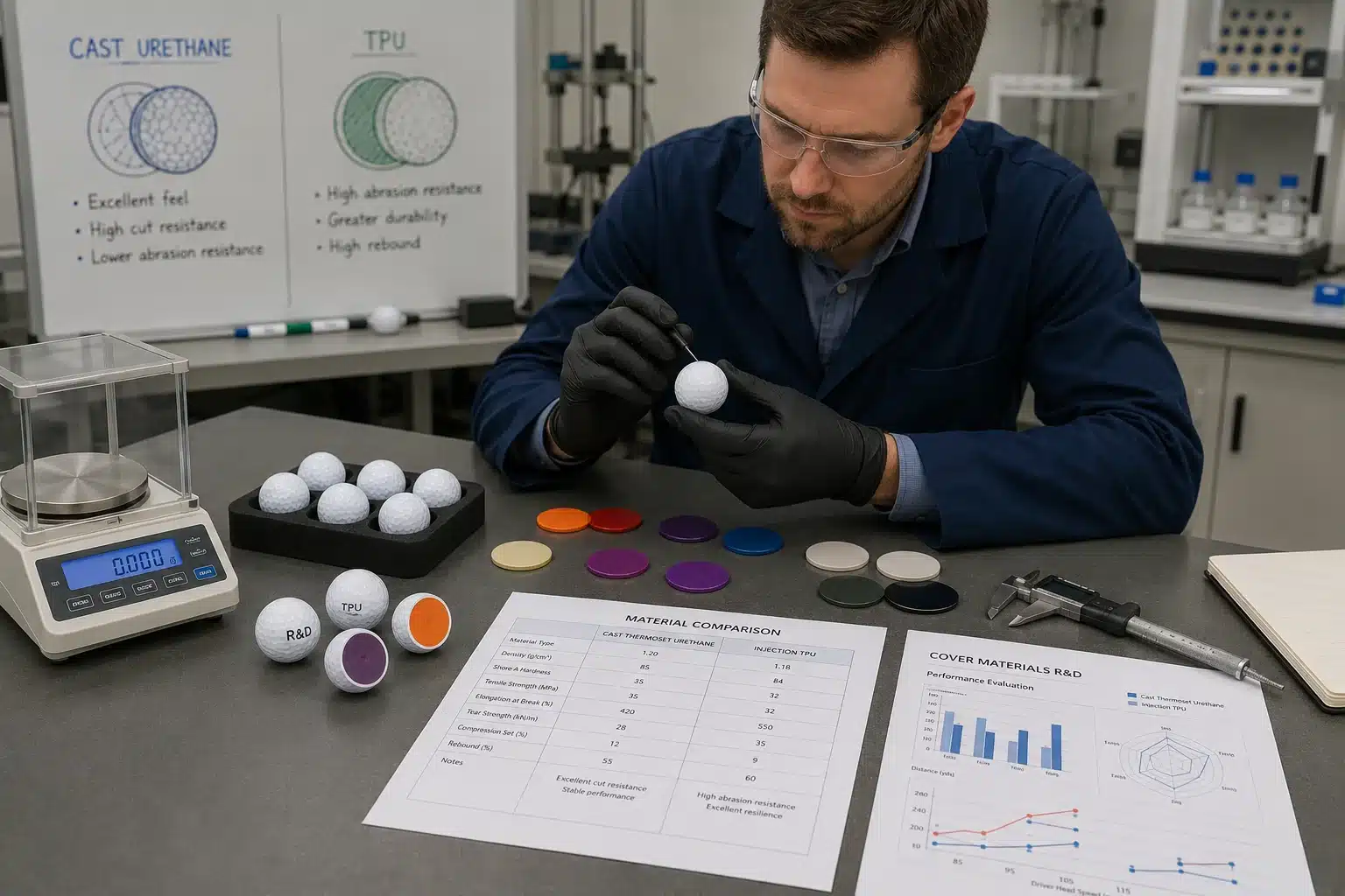 OEM golf balls R&D OEM golf balls in lab material comparison for manufacturer quality control