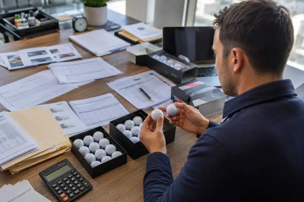 OEM golf balls inspected on office table for custom wholesale packaging review