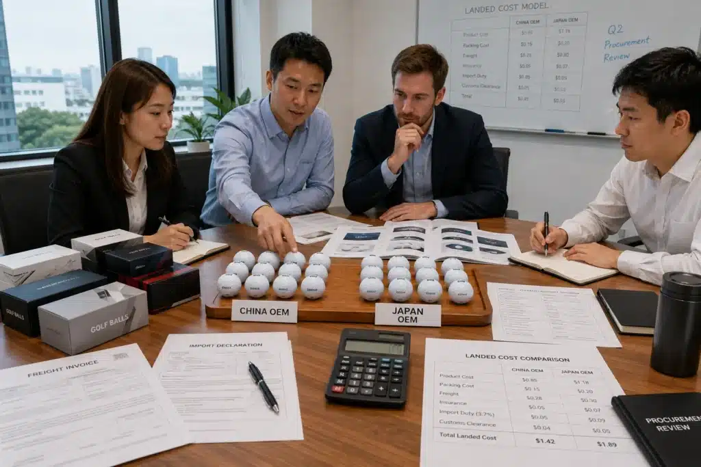 OEM golf balls in procurement review meeting for export wholesale sourcing