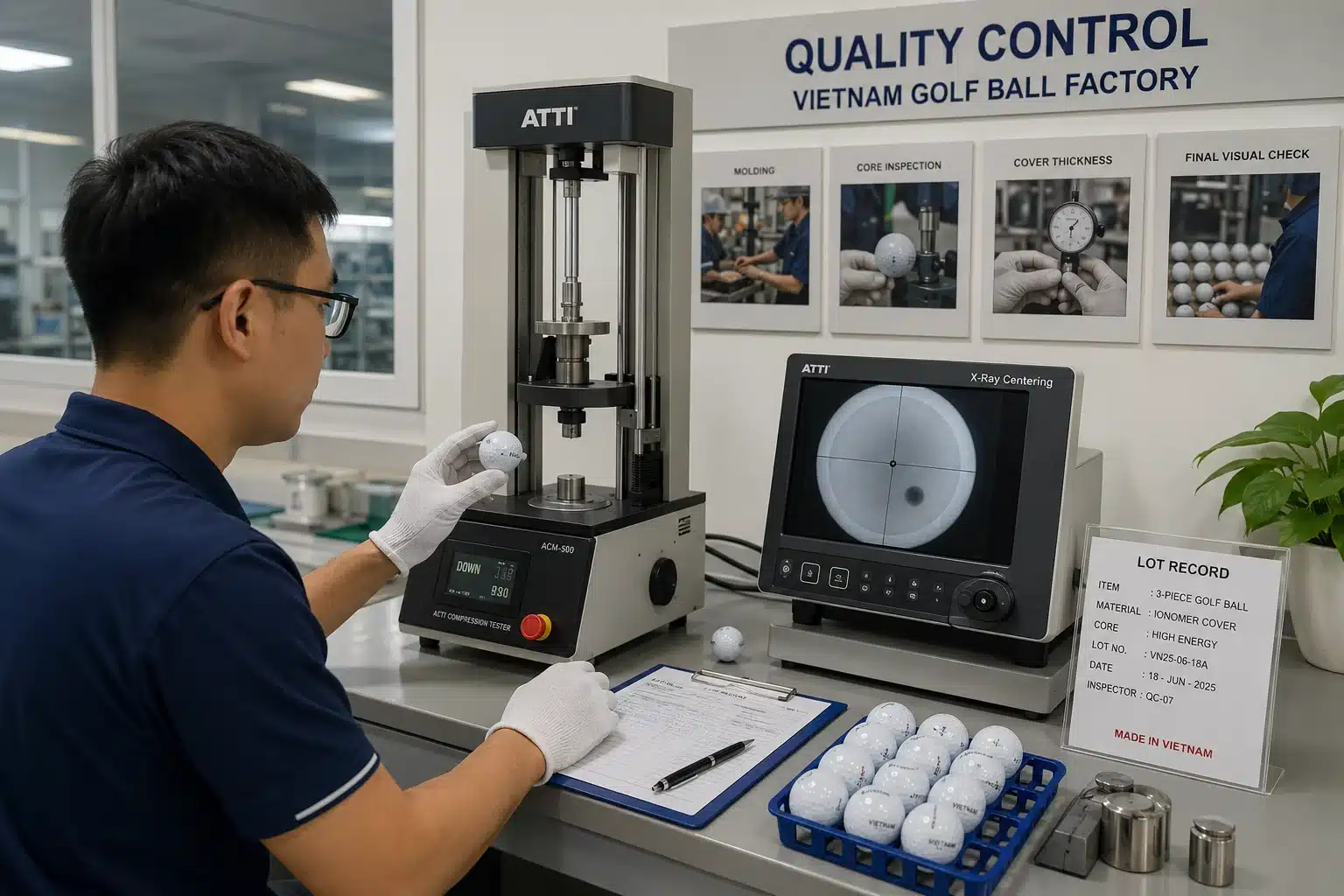OEM golf balls quality control OEM golf balls in Vietnam factory lab for quality control