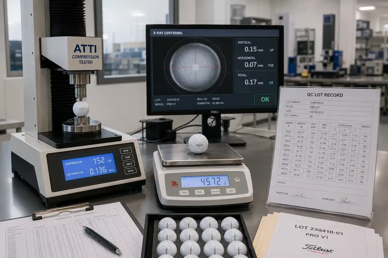 OEM golf balls QC OEM golf balls in QC lab with compression and X-ray quality control