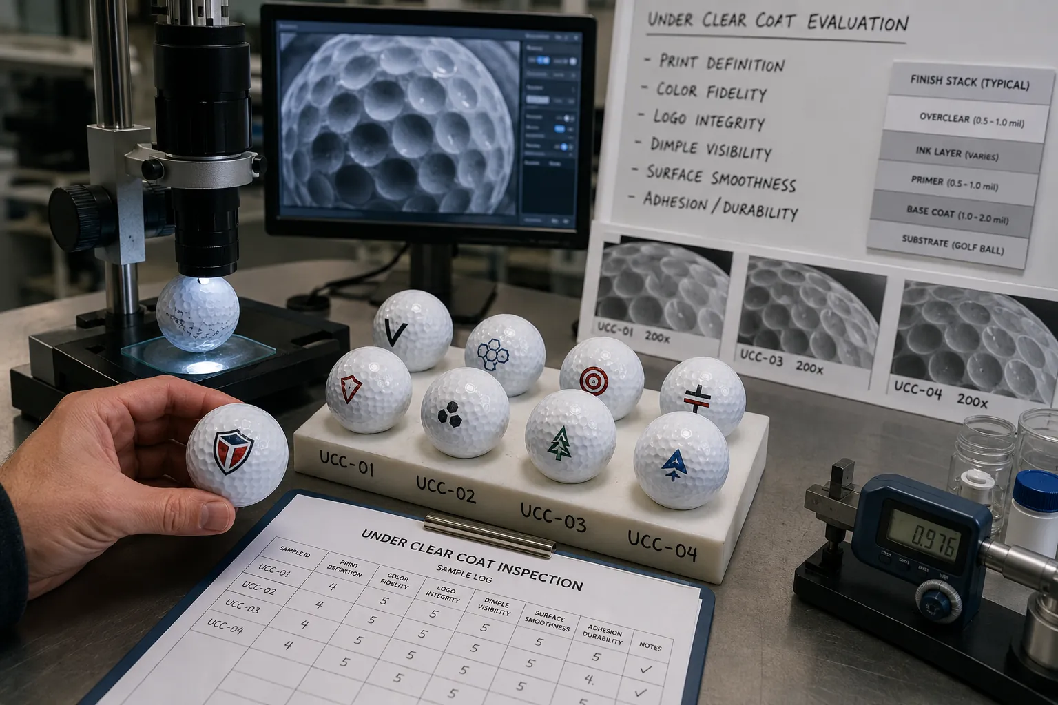 Printed Golf Balls QC printed OEM golf balls under clear coat inspection for quality control