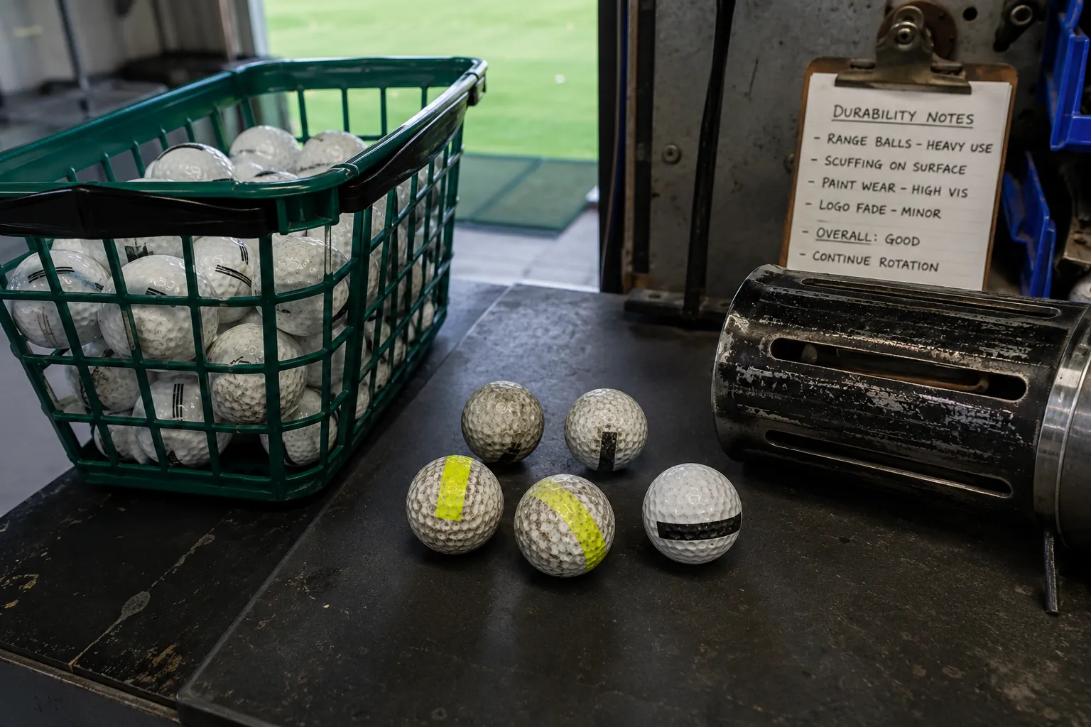 Golf Balls Quality Control bulk range golf balls in durability testing area for quality control