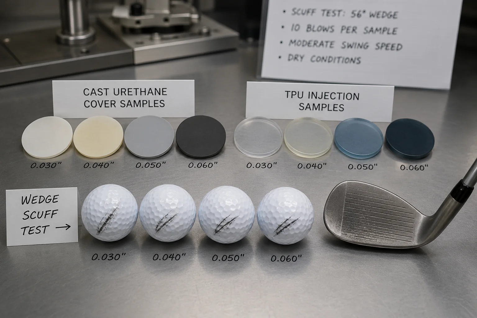 Urethane Golf Balls QC urethane golf balls in factory lab with scuff quality control samples