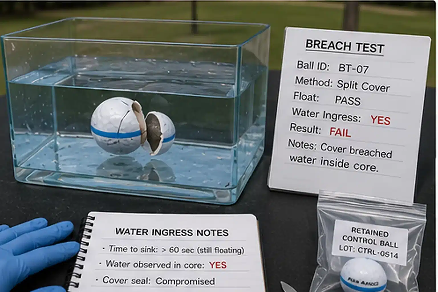 Aqua Range Ball Quality Control aqua range golf ball breach test showing water ingress for quality control