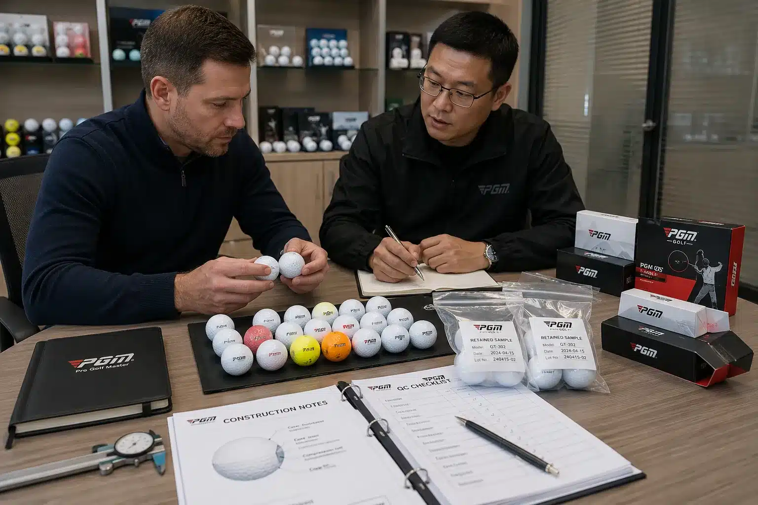 OEM Golf Balls Review custom golf balls in buyer meeting with OEM samples and quality control