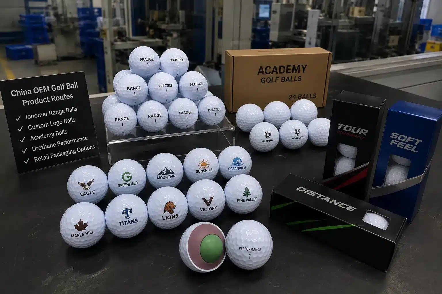 OEM Custom Golf Balls custom OEM golf balls in factory display with golf packaging options