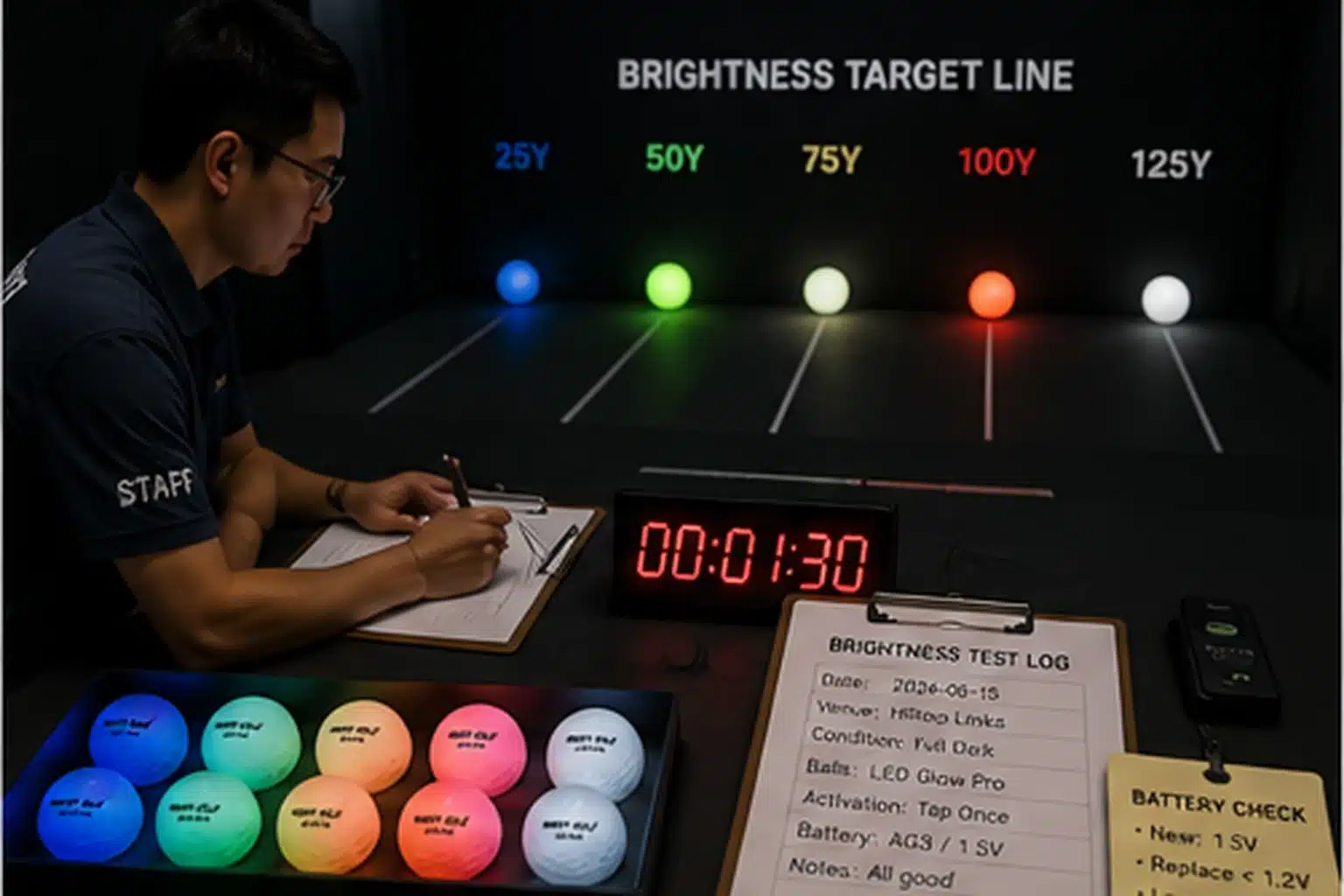Glow Golf Balls Quality Control glow golf balls in brightness test for events quality control