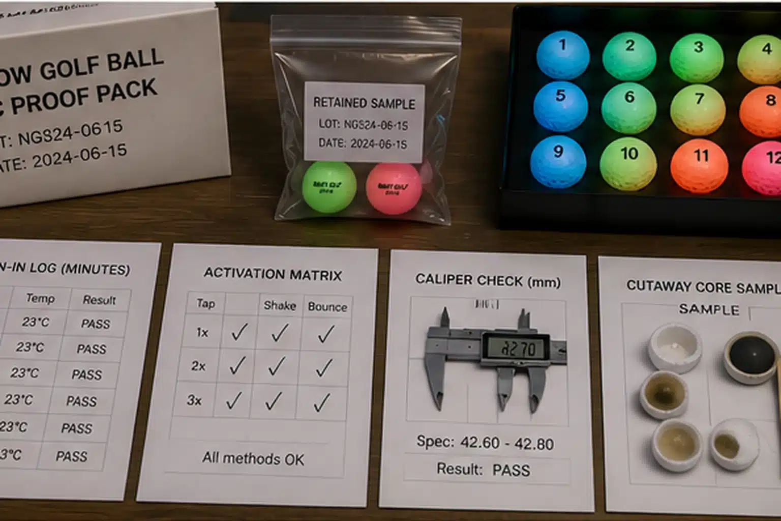 OEM Glow Golf Balls glow golf balls in proof pack with OEM quality control samples