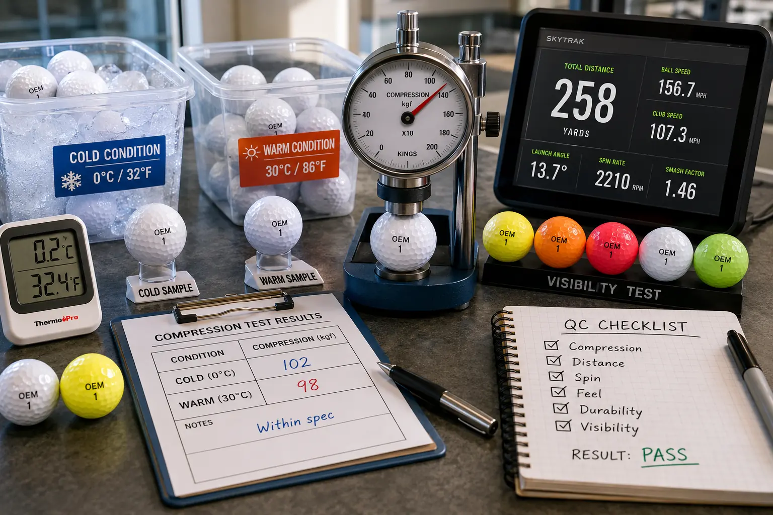 OEM Golf Balls Testing OEM golf balls cold warm performance testing in factory quality control lab