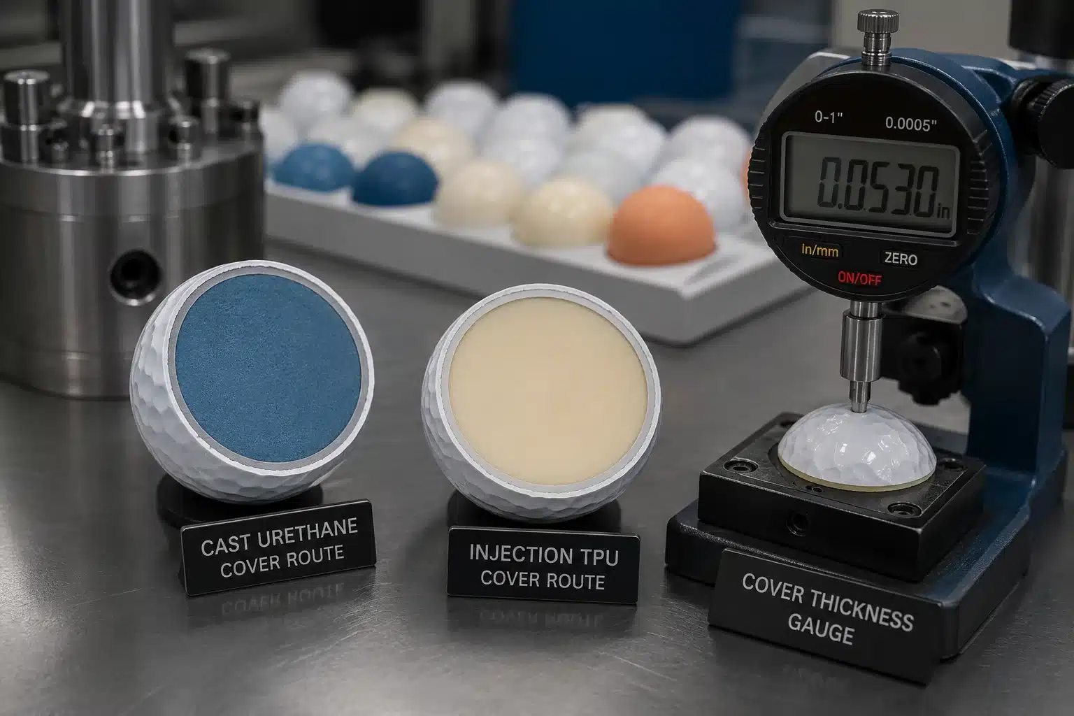OEM Golf Balls QC OEM golf balls in cover thickness gauge for quality control