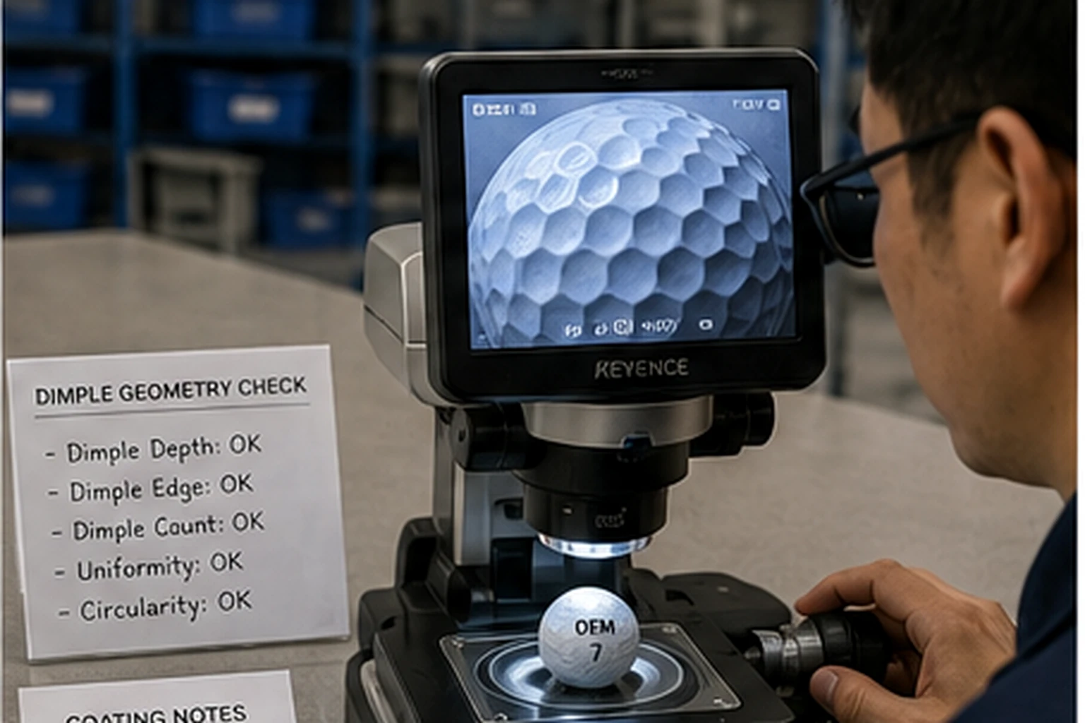 OEM Golf Balls Inspection OEM golf balls dimple geometry inspection in factory quality control lab