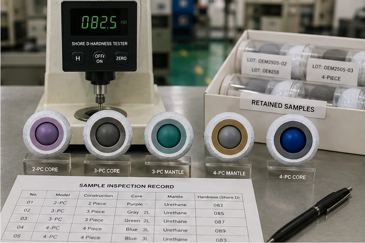 OEM Golf Balls Quality Control OEM golf balls hardness testing in factory quality control lab