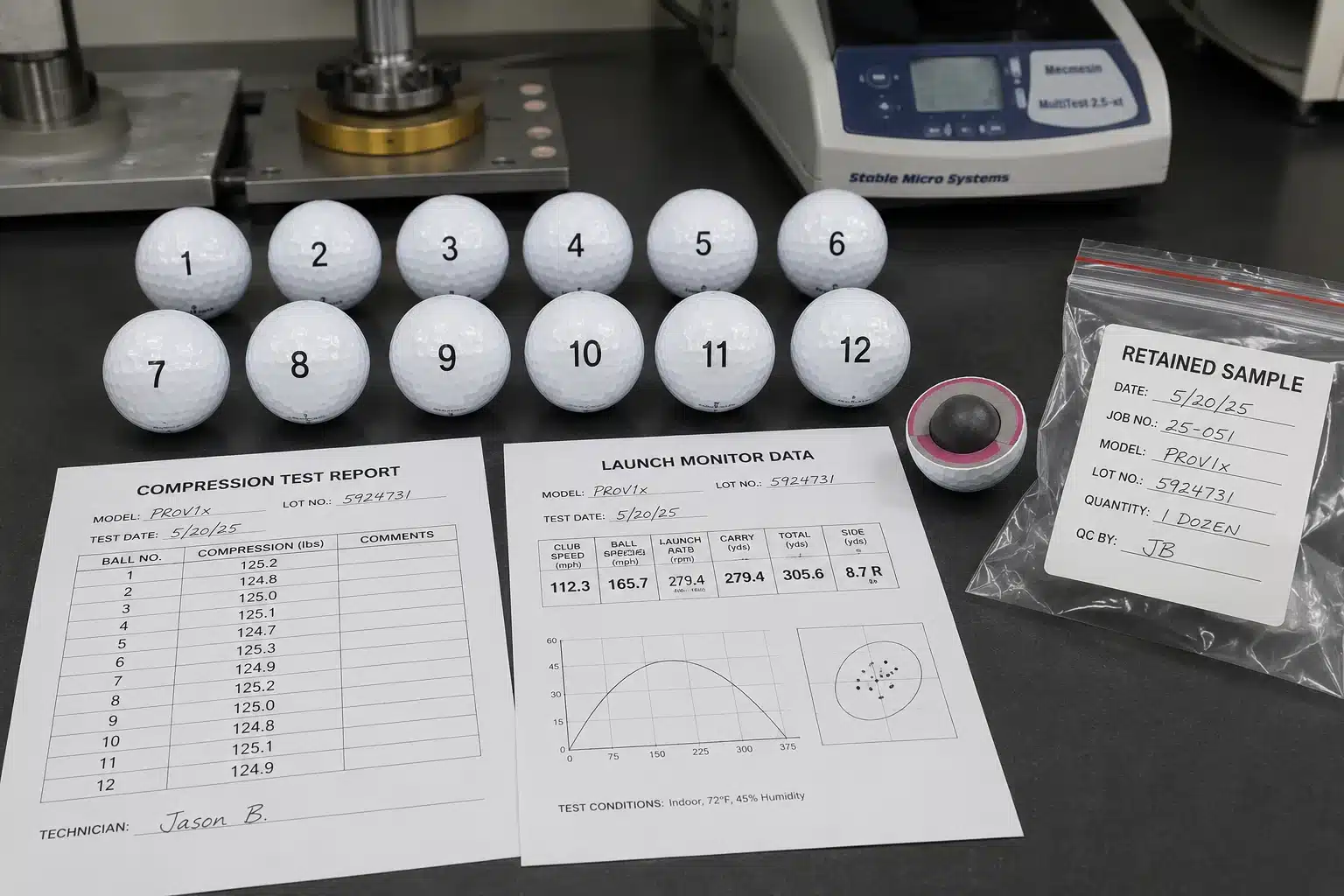 OEM Golf Ball Testing OEM golf balls with launch monitor data and compression report for quality control