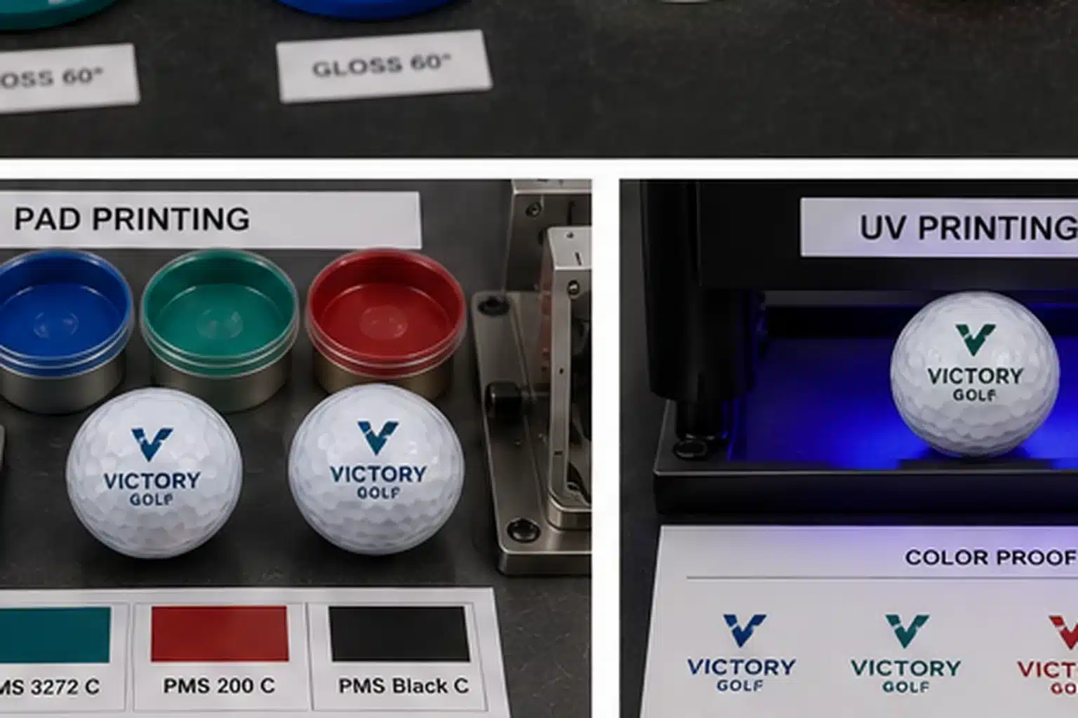 Custom Printed Golf Balls custom printed golf balls comparing pad and UV printing for OEM branding