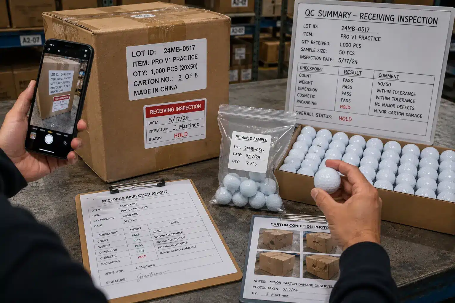 OEM Golf Balls Inspection OEM practice golf balls during receiving inspection with retained sample for quality control