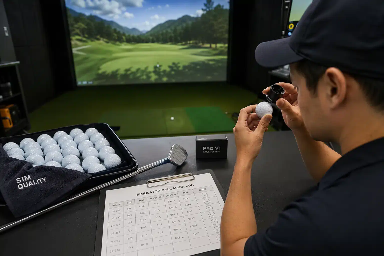 Golf Balls Quality Control golf balls inspected in simulator bay for golf training quality control