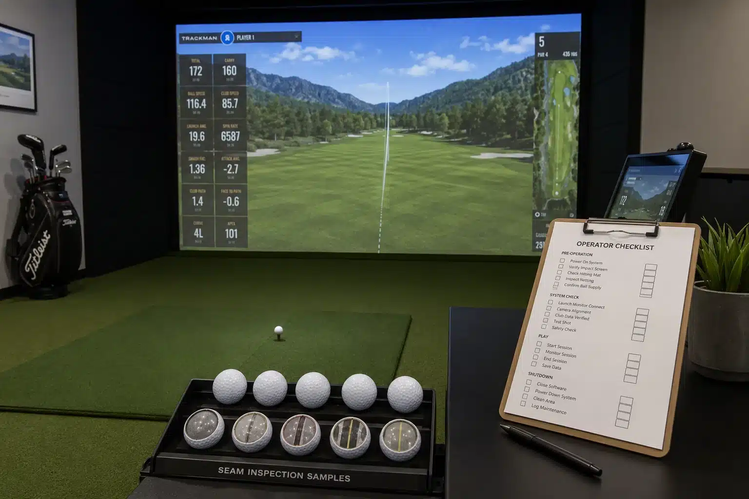 Golf Balls Quality Control golf balls in simulator with seam inspection samples for golf training quality control