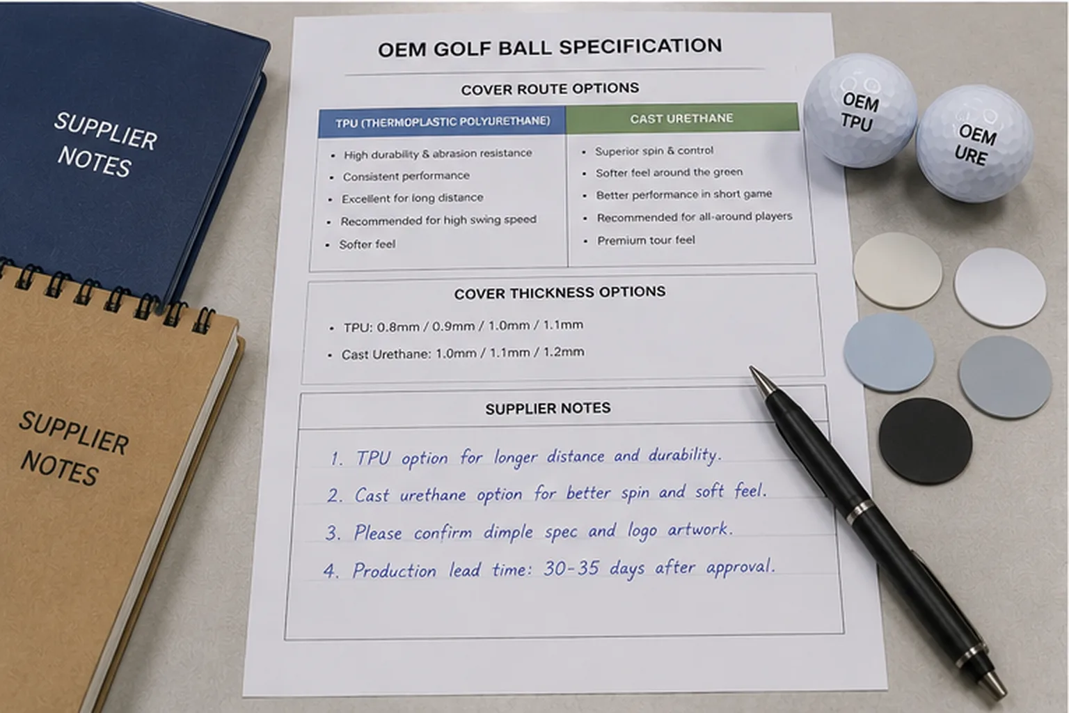 OEM Golf Balls Specification OEM custom golf balls specification sheet with supplier notes for manufacturer review