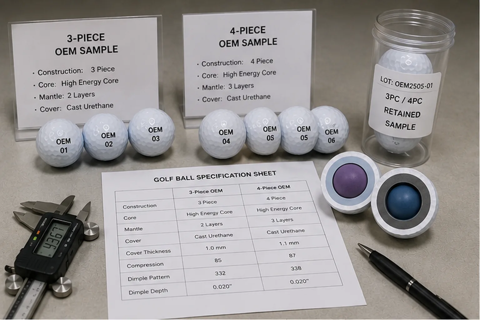 OEM Golf Balls QC OEM golf balls specification samples with quality control sheet for manufacturer review