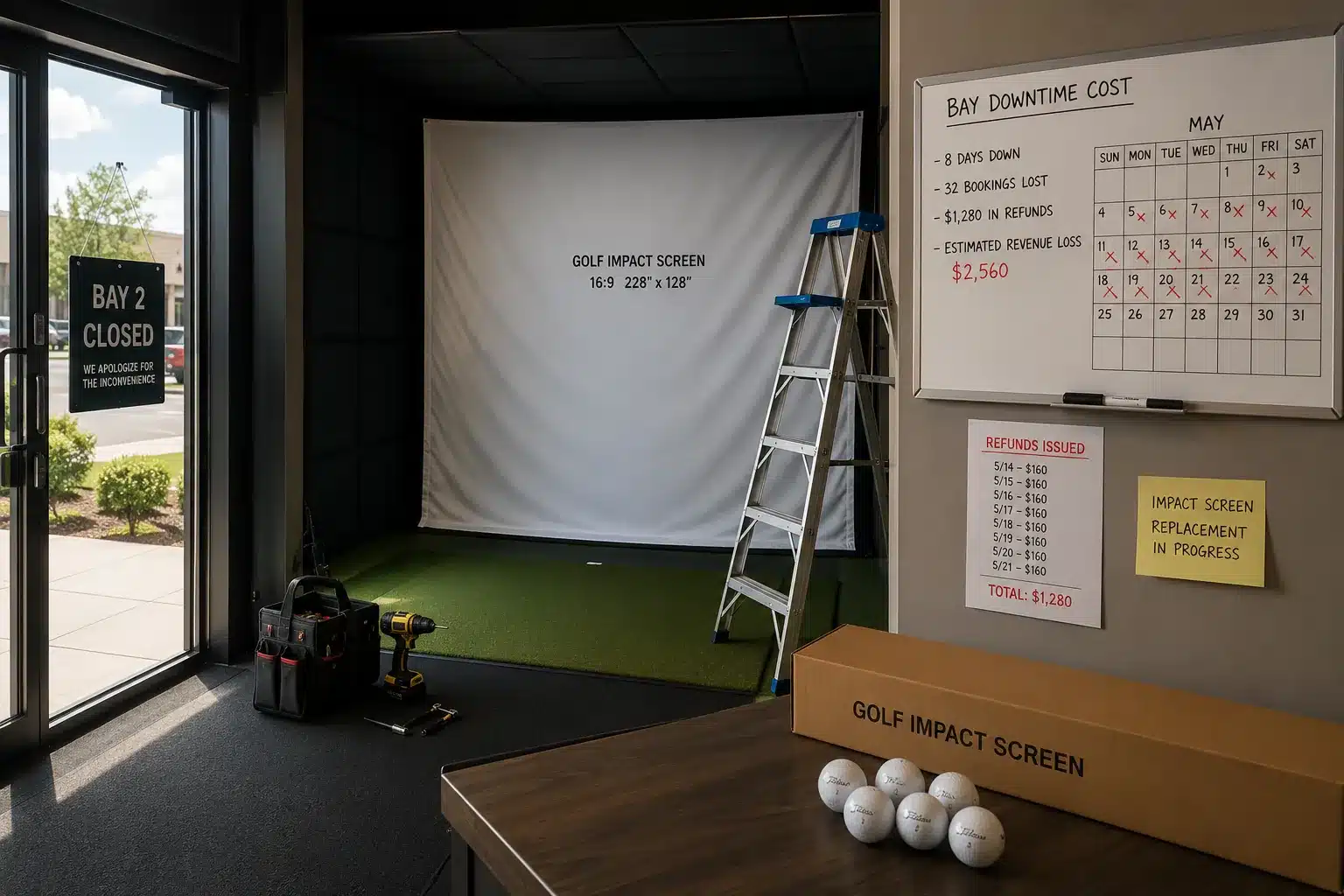 Golf Impact Screen Training golf impact screen replacement in simulator bay for B2B golf training facilities