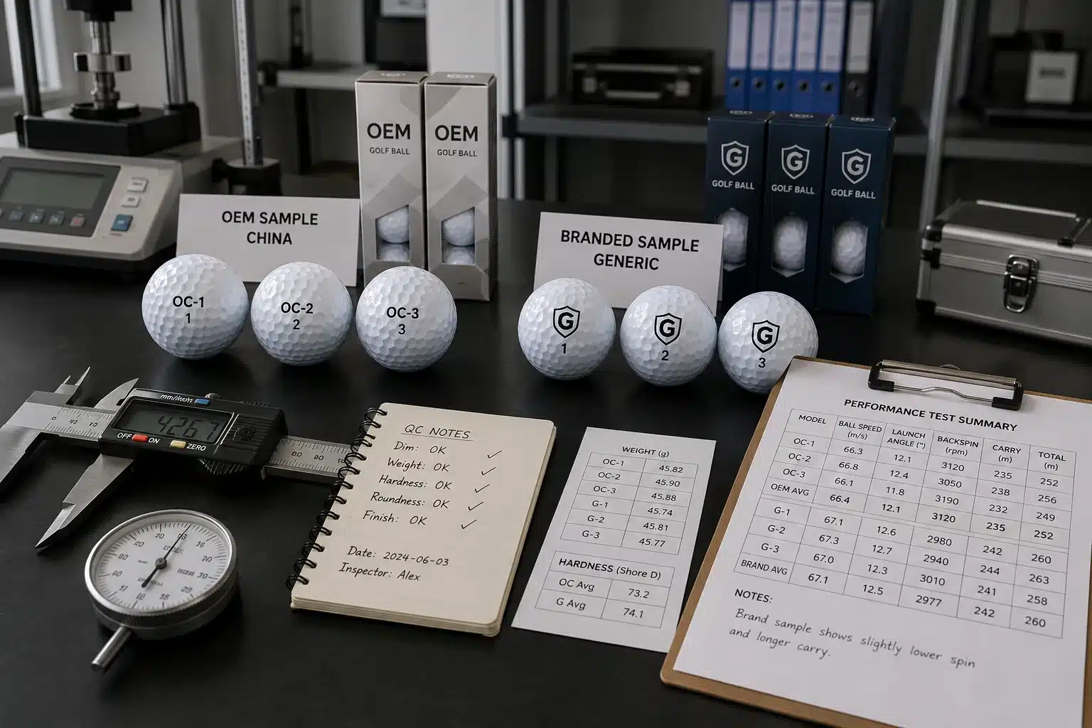 OEM Golf Balls Quality Control OEM golf balls in lab comparison with branded samples for quality control