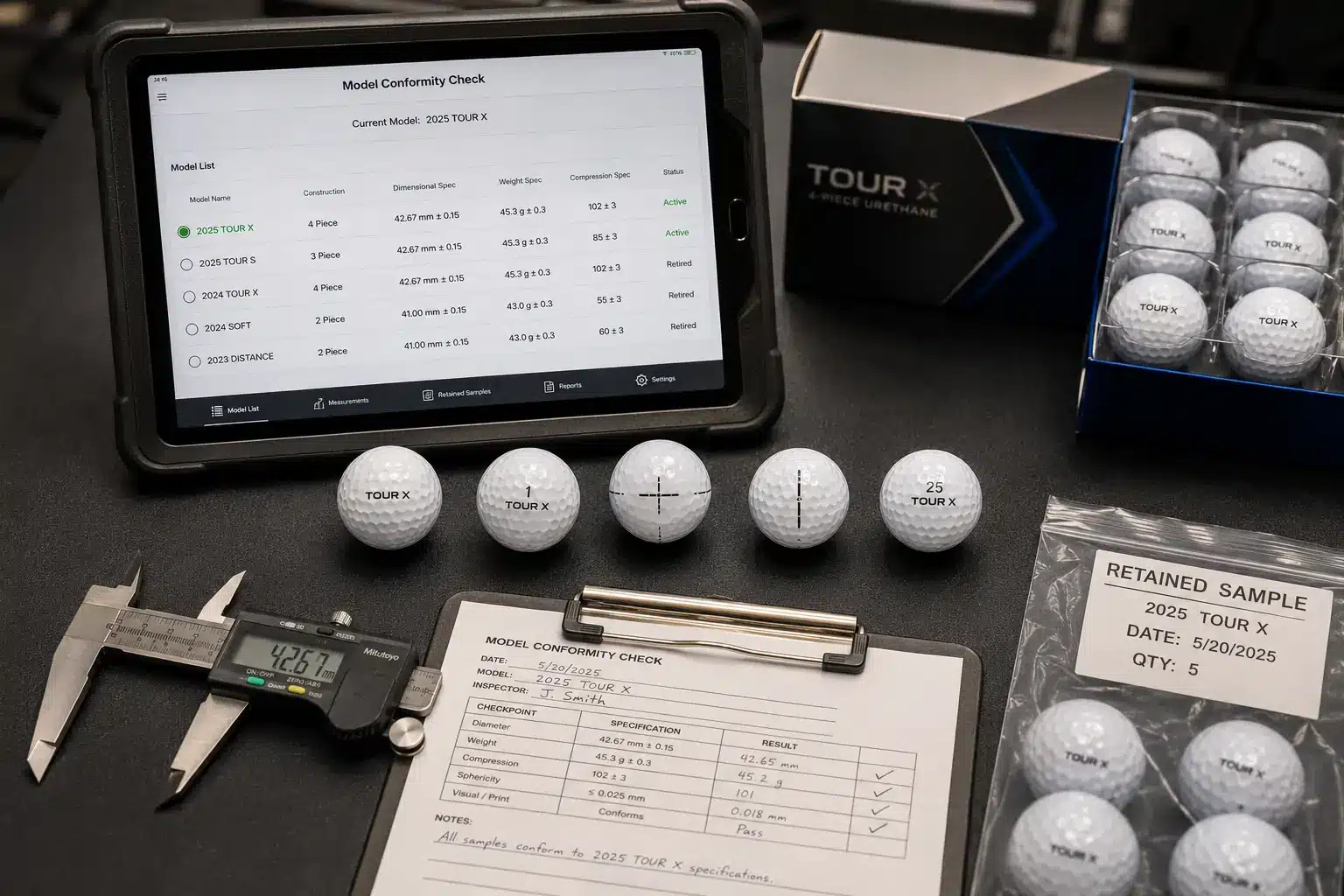 OEM Golf Balls Quality Control OEM golf balls in model conformity check with quality control samples