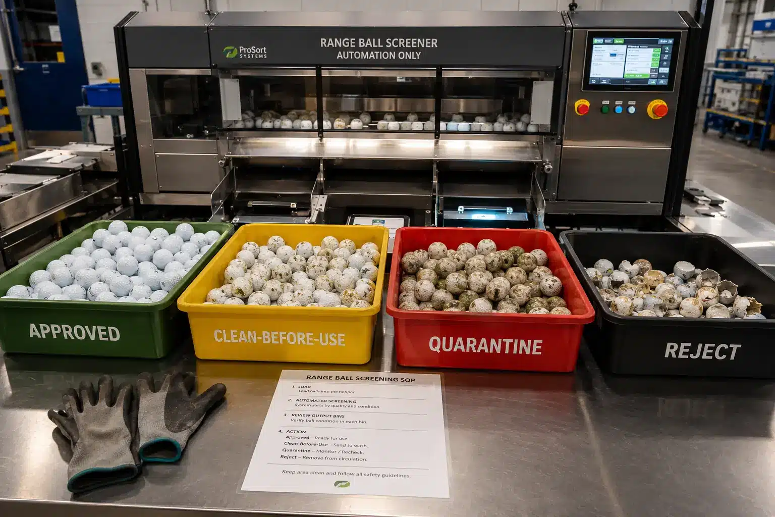 Bulk Range Golf Balls range golf balls in automated screener for bulk quality control
