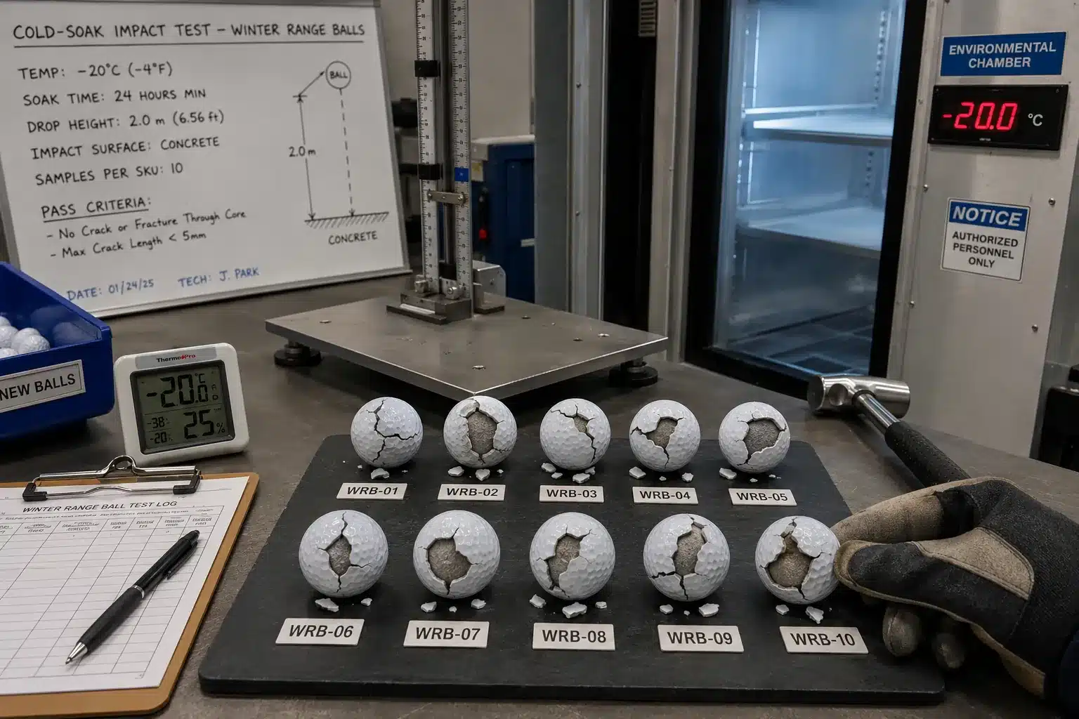 Range Golf Balls Quality Control range golf balls in cold-soak impact test for golf training quality control
