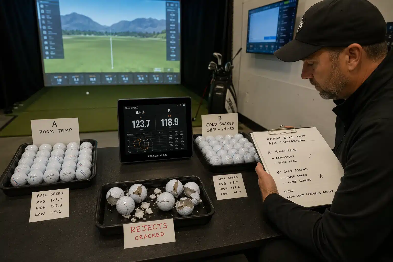 Range Golf Balls Quality Control range golf balls in cold-soak simulator test for golf training quality control