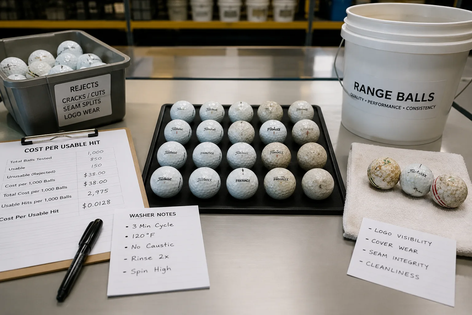Bulk Range Golf Balls QC bulk range golf balls durability testing with rejects and quality control notes