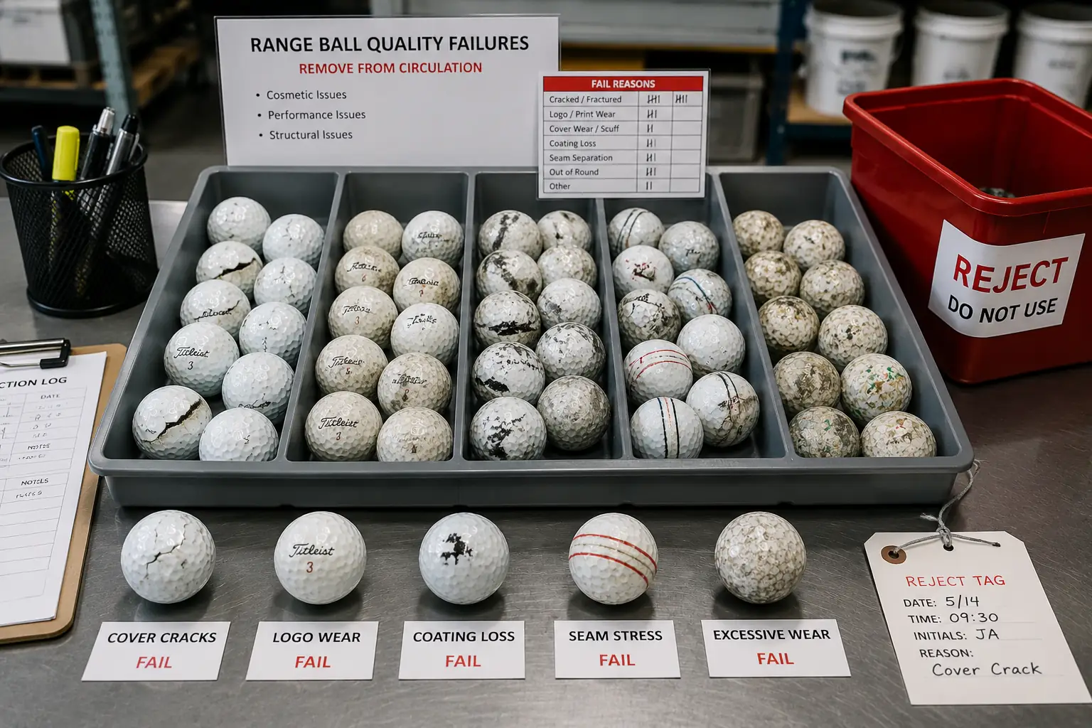Bulk Range Golf Balls QC bulk range golf balls quality failures with reject bins and quality control tags