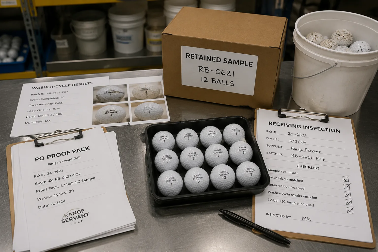 Bulk Range Golf Balls QC bulk range golf balls receiving inspection with retained samples and quality control results