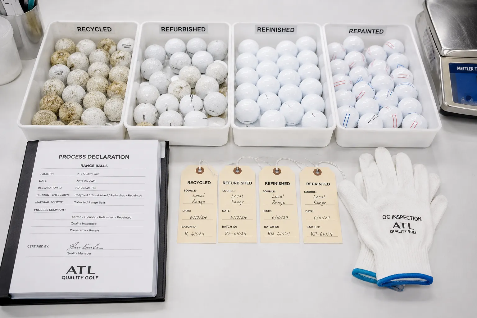 Bulk Range Golf Balls QC bulk range golf balls recycling process with refurbished samples and quality control tags