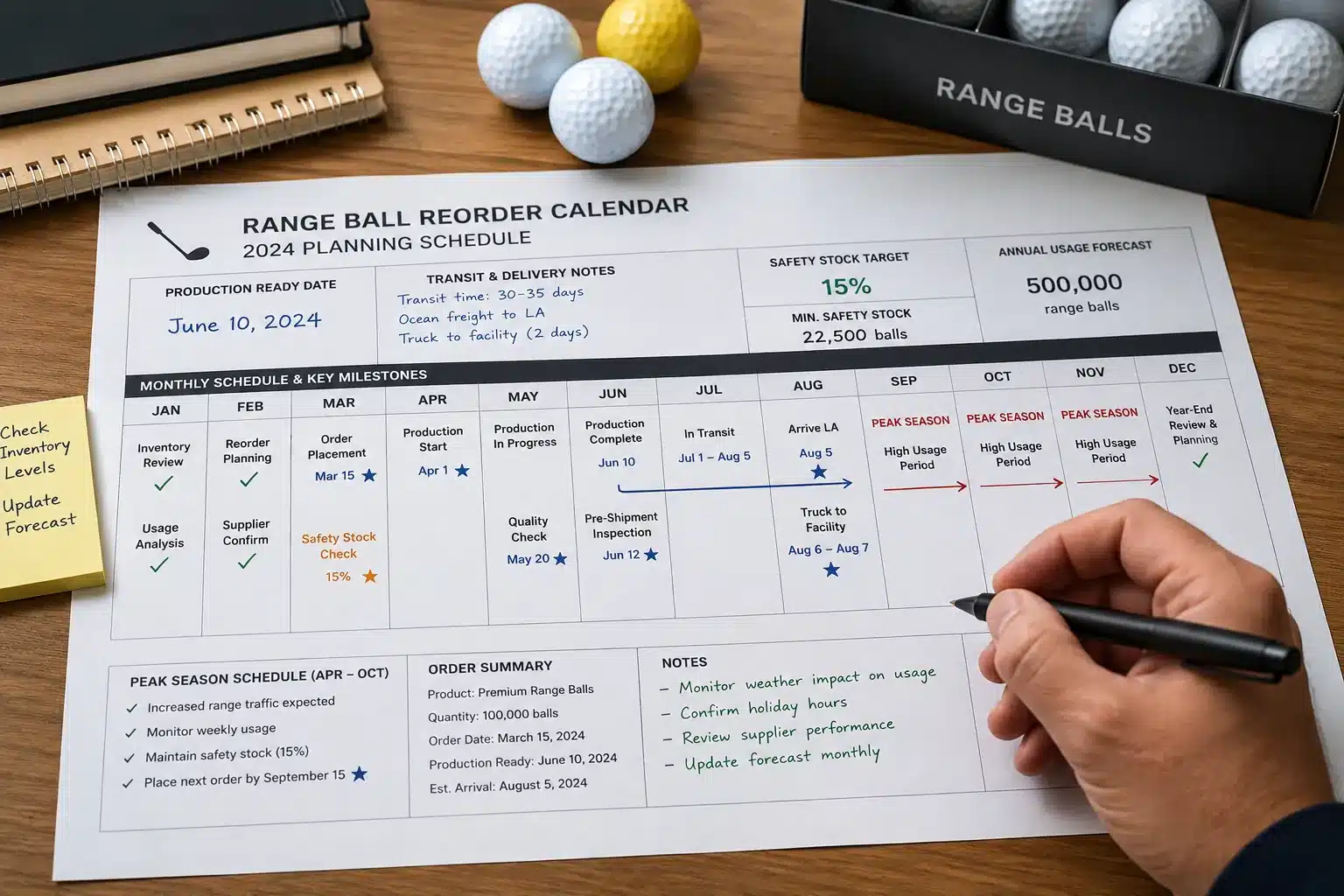 Range Golf Balls Wholesale range golf balls with reorder calendar for bulk wholesale inventory planning